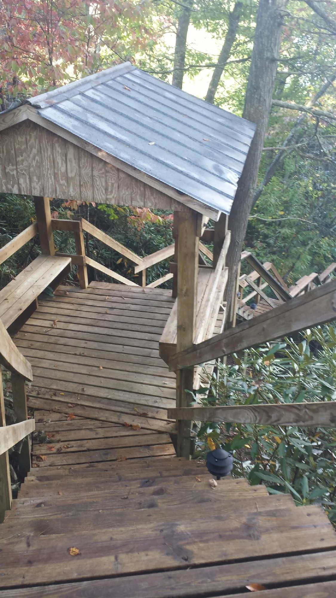 Metal roofed shelter over wooden steps on a wooded walkway — Skylight Repair & Installation work by our crew in Devers